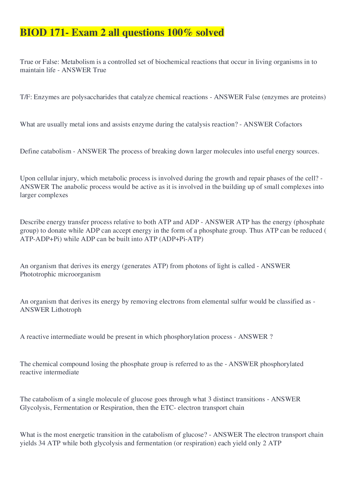 Preview image of BIOD 171- Exam 2 all questions 100% solved document